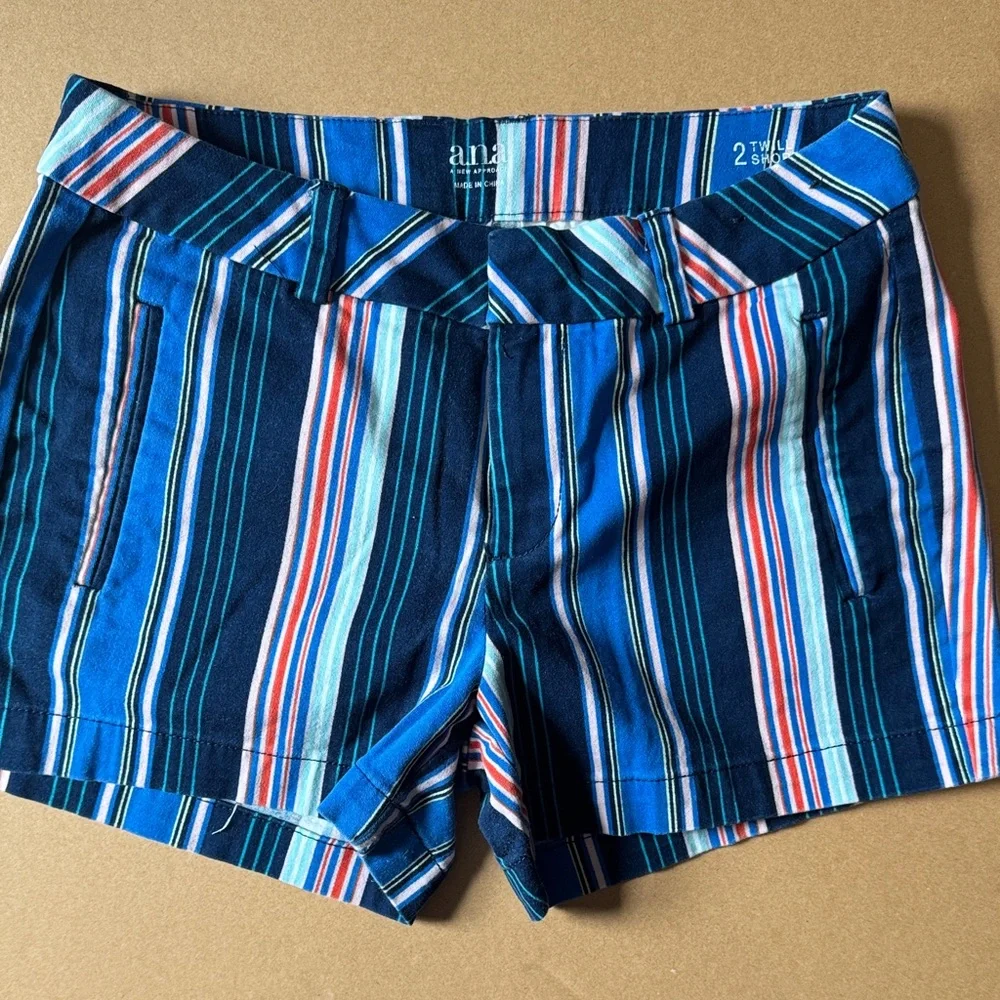 a.n.a Navy Multi-Stripe Cotton Blend Women’s Shorts - Picture 1 of 1